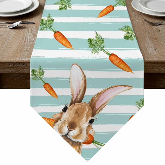 Easter Bunny Table Runner Linen Burlap Table Runner 70 Inches Long Spring Rabbits Carrots Turquoise Stripes Dresser Scarves for Kitchen Island Coffee Dining Party Wedding Holiday Decor 13"x70"