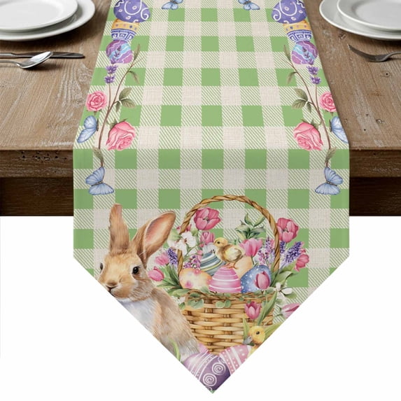 Easter Bunny Table Runner Linen Burlap Table Runner 72 Inches Long Spring Easter Eggs Floral Sage Green Check Dresser Scarves for Kitchen Island Coffee Dining Party Wedding Holiday Decor 14"x72"