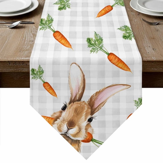 Easter Bunny Table Runner Linen Burlap Table Runner 90 Inches Long Spring Rabbits Carrots Gray Buffalo Plaid Dresser Scarves for Kitchen Island Coffee Dining Party Wedding Holiday Decor 13"x90"