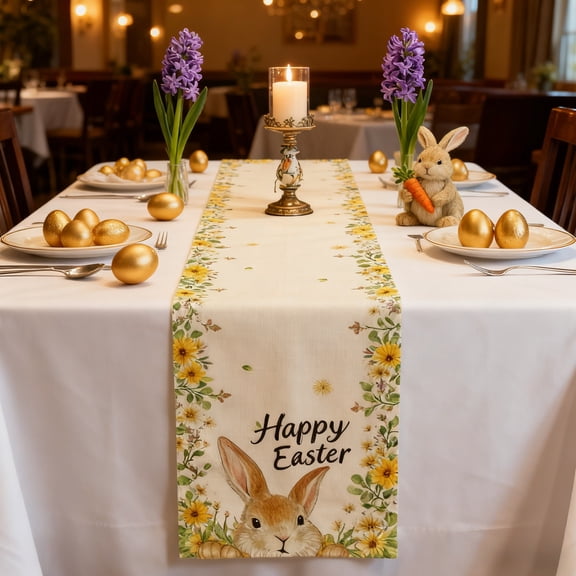 Easter Bunny Table Runner, Linen Tablecloth for Holiday Dining Decor, 72 x 13 Inch White Floral Carrot Pattern, 1 Piece