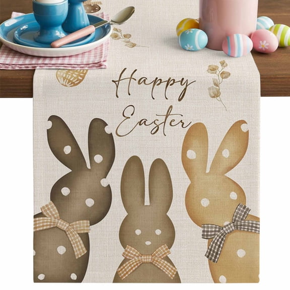 Easter Bunny Table Runner, Polka Dot Cotton Linen Cotton Linen Kitchen Table Decoration Washable Dining Tabletop Runners for Home Party Decor 13x48 Inches