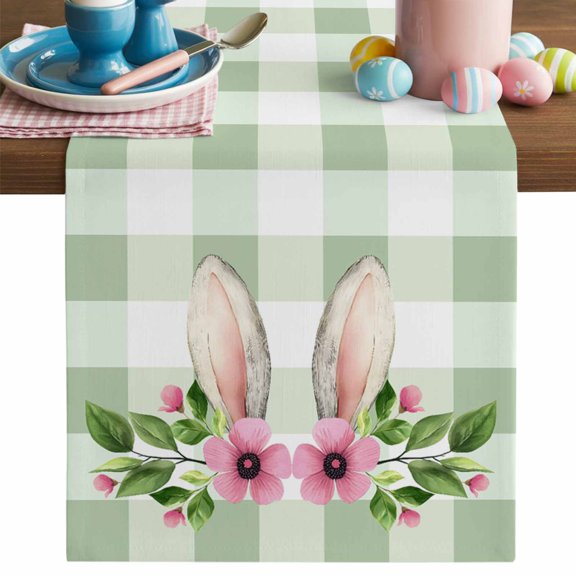 Easter Bunny Table Runner, Rabbit Ears Cotton Linen Kitchen Table Decoration Washable Dining Tabletop Runners for Home Party Decor 13x36 Inches