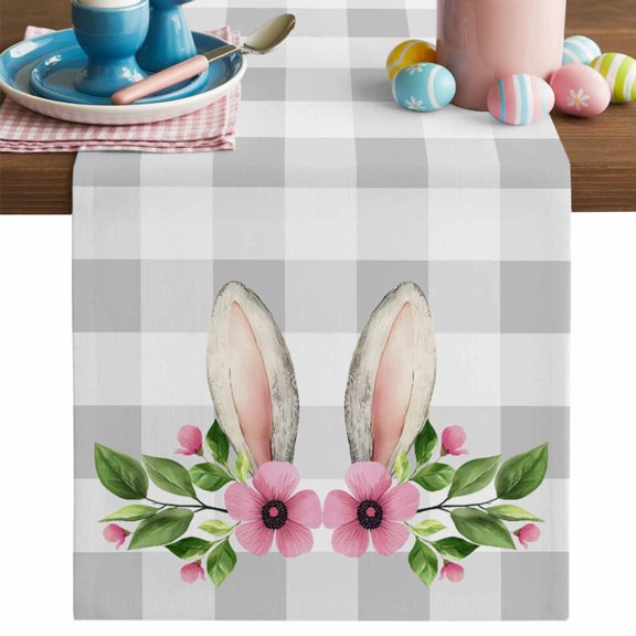 Easter Bunny Table Runner, Rabbit Ears Cotton Linen Kitchen Table Decoration Washable Dining Tabletop Runners for Home Party Decor 13x60 Inches