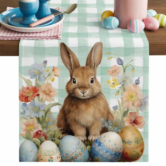 Easter Bunny Table Runner, Rabbit Eggs Flowers Green Plaid Cotton Linen Kitchen Table Decoration Washable Dining Tabletop Runners for Home Party Decor 13x48 Inches