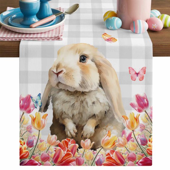 Easter Bunny Table Runner, Rabbit Tulip Butterfly Grey Plaid Oil Painting Cotton Linen Kitchen Table Decoration Washable Dining Tabletop Runners for Home Party Decor 13x36 Inches
