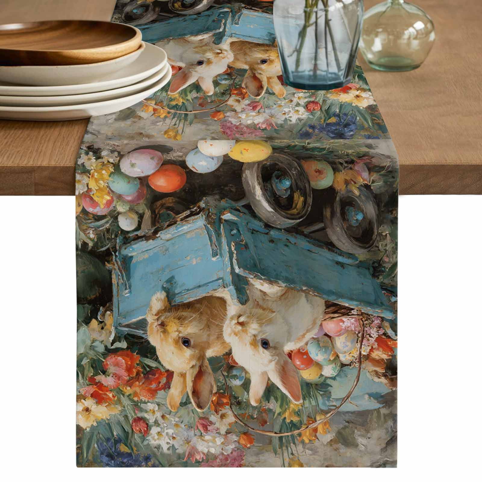 Spring Table Runner 108 Easter Bunny Table Runner, Rabbits Spring Flowers Eggs Country Vintage ...