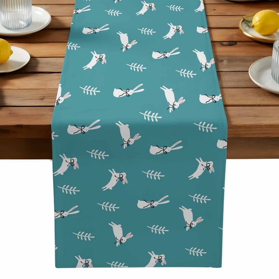 Easter Bunny Table Runner, Simple Abstract White Bowknot Rabbits Leaf Blue Background Washable Kitchen Table Runners Dress Scarves for Dining Table Decorations Party, 13x90in