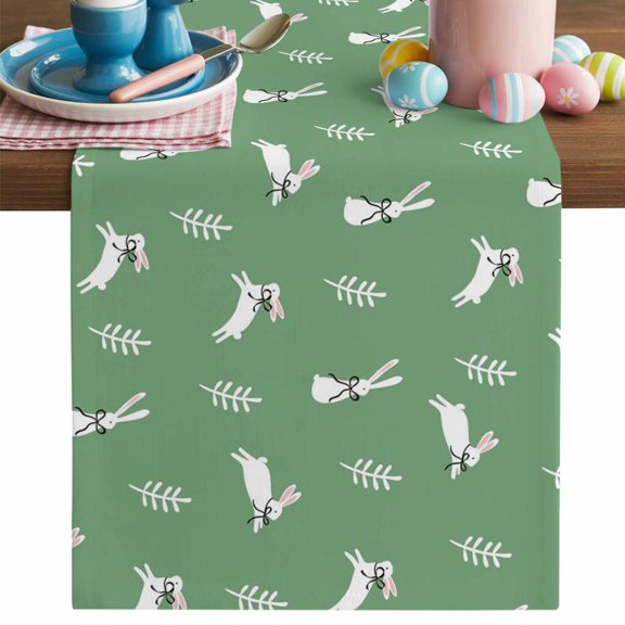 Easter Bunny Table Runner, Simple Abstract White Bowknot Rabbits Leaf Green Background Cotton Linen Kitchen Table Decoration Washable Dining Tabletop Runners for Home Party Decor 13x36 Inches