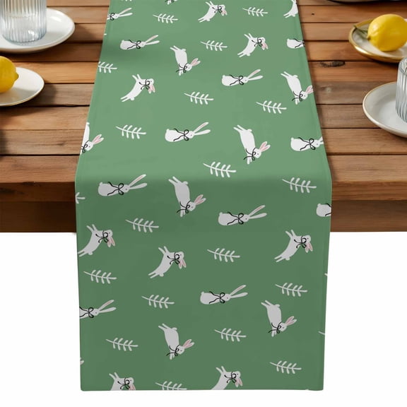 Easter Bunny Table Runner, Simple Abstract White Bowknot Rabbits Leaf Green Background Washable Kitchen Table Runners Dress Scarves for Dining Table Decorations Party, 18x72in
