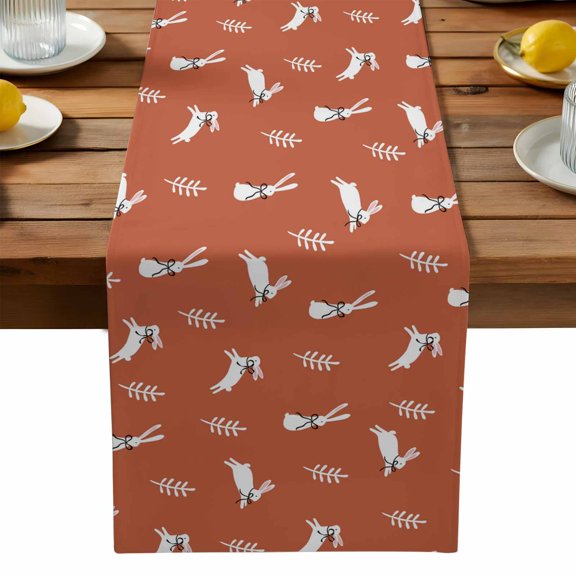Easter Bunny Table Runner, Simple Abstract White Bowknot Rabbits Leaf Red Background Washable Kitchen Table Runners Dress Scarves for Dining Table Decorations Party, 18x72in