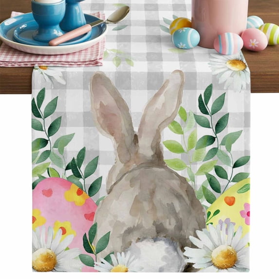 Easter Bunny Table Runner, Spring Gray Rabbit Daisy Floral Leaf Plants Plaid Cotton Linen Kitchen Table Decoration Washable Dining Tabletop Runners for Home Party Decor 18x72 Inches