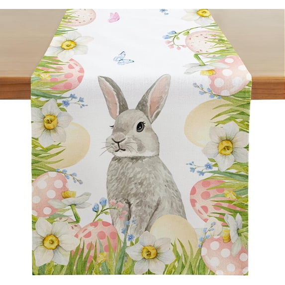 Easter Bunny Table Runner, Spring Rabbit Egg Flowers Floral Table Decor, Seasonal Holiday Home Party Decoration for Indoor & Outdoor Use, 13x108 Inch