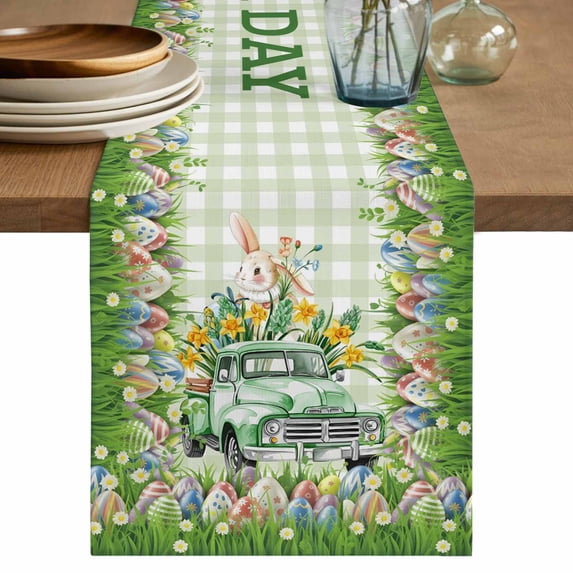 Easter Bunny Table Runner, Spring Trucks Easter Eggs Floral Green Plaid Washable Cotton Linen Table Runners 60 Inches Long, Dresser Scarf Runner for Coffee/TV Stands/Kitchen/Cabinets 13''x60''