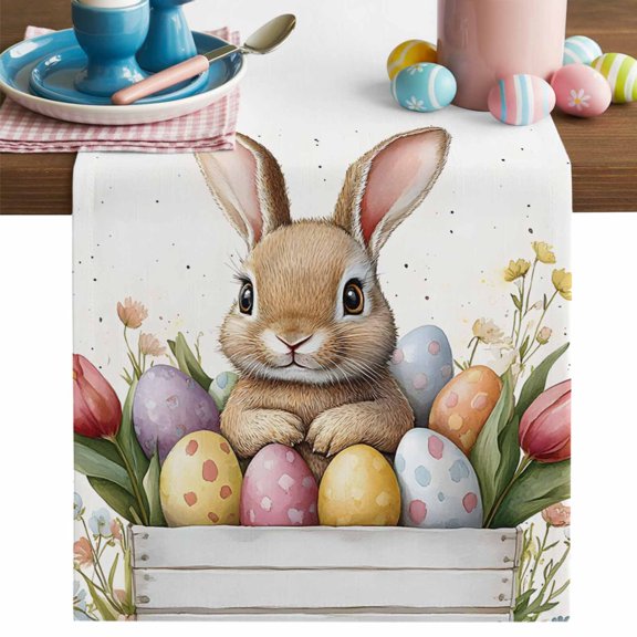 Easter Bunny Table Runner, Watercolor Cartoon Rabbit Purple Yellow Eggs Tulip Floral Leaf Cotton Linen Kitchen Table Decoration Washable Dining Tabletop Runners for Home Party Decor 13x48 Inches