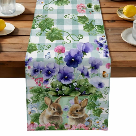 Easter Bunny Table Runner, Watercolor Purple Pink Floral Leaf Flowerpot Blue Plaid Washable Kitchen Table Runners Dress Scarves for Dining Table Decorations Party, 13x120in
