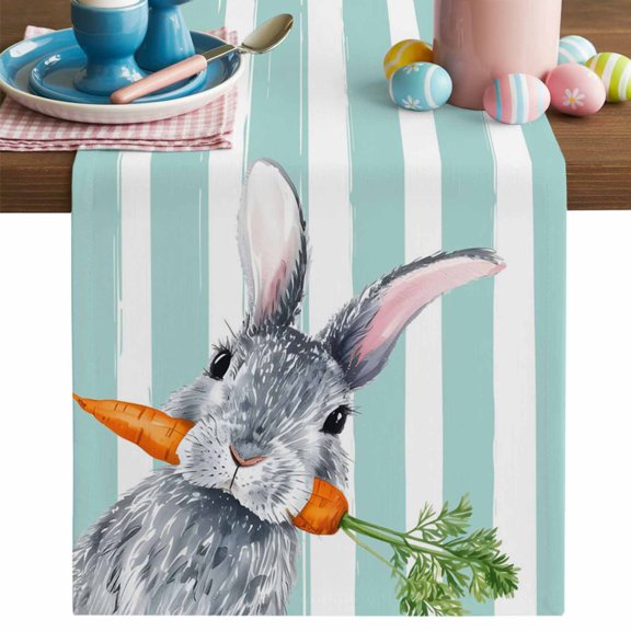Easter Bunny Table Runner, Watercolor Rabbit Rustic Farmhouse Carrot Green Stripes Cotton Linen Kitchen Table Decoration Washable Dining Tabletop Runners for Home Party Decor 13x36 Inches
