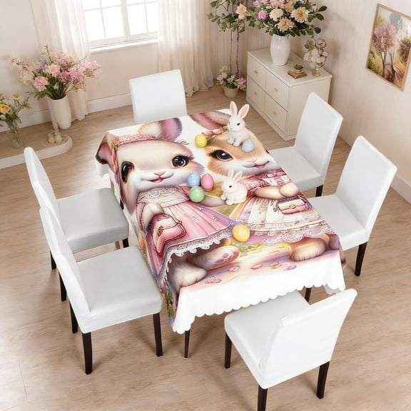 Easter Bunny Tablecloth 52x70 Inch, Spring Polyester Fabric Cover for Dining Table Party Decoration