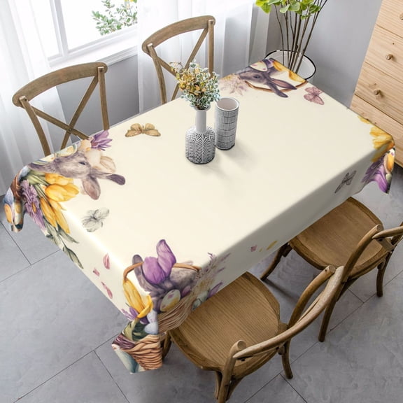 Easter Bunny Tablecloth 60 x 90 Inch Rectangle, Spring Eggs Basket Tulip Butterfly Plaid Table Cover, Waterproof Polyester Decorative Tablecloth for Dining Table, Kitchen, Indoor and Outdoor