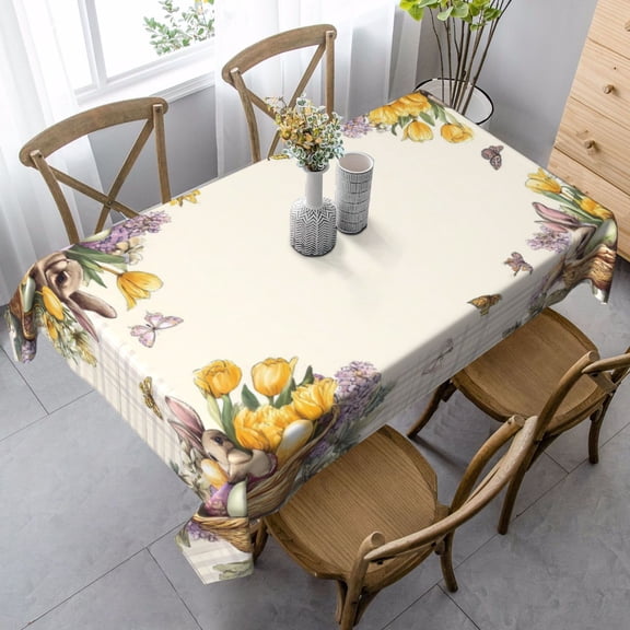 Easter Bunny Tablecloth 60 x 90 Inch Rectangle, Spring Eggs Basket Tulip Butterfly Plaid Table Cover, Waterproof Polyester Decorative Tablecloth for Dining Table, Kitchen, Indoor and Outdoor