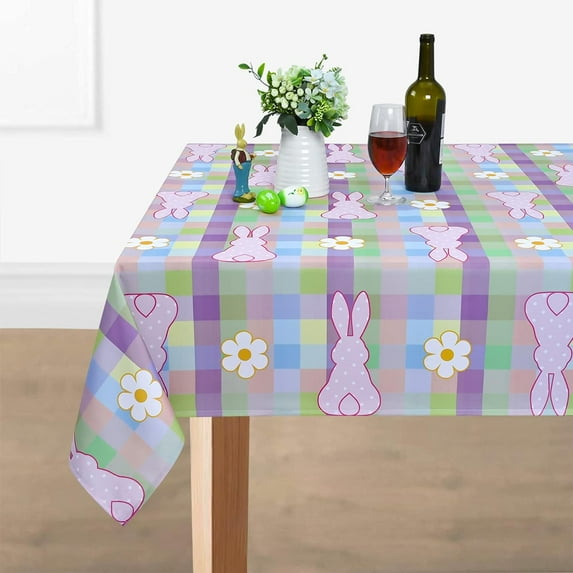 Easter Bunny Tablecloth, Flowers Rabbit Table Cloth, Buffalo Plaid Checkered Tablecloths, Spring Floral Waterproof Tablecloth Rectangle for Dinner Party Decoration, 60 x 120 inch