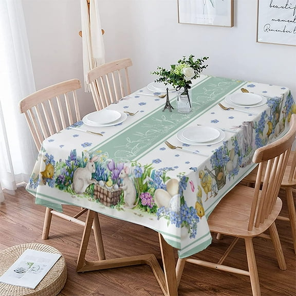 Easter Bunny Tablecloth for Rectangle/Oval Tables 60 x 120 Inch Bunny Easter Eggs Fabric Watercolor Table Cover Washable Table Cloth for Kitchen Dinning Wedding Party Tabletop Decorative