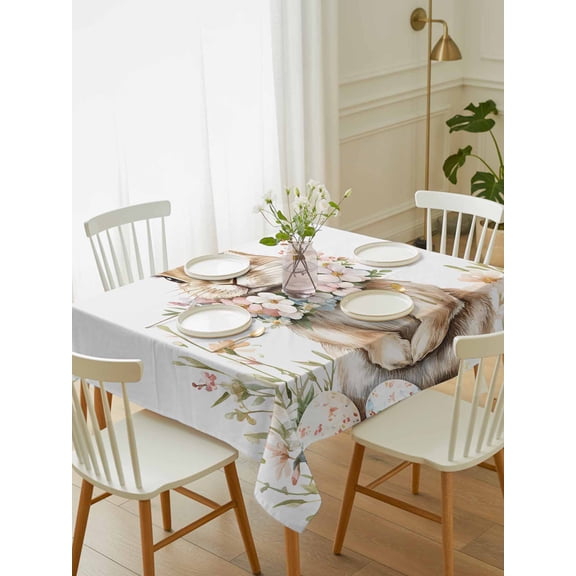 Easter Bunny Tablecloth Rectangle Table Cloth 52x70, Waterproof Tablecloth Outdoor Table Cloth, Pastel Spring Floral Wreath Rabbit Eggs Washable Table Cover for Kitchen Dinning Party