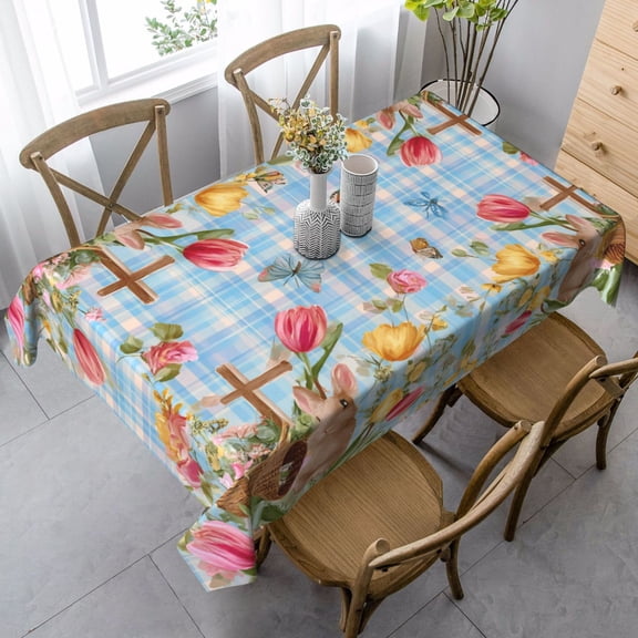 Easter Bunny Tablecloth Rectangular 60x90 Inch, Religious Cross & Tulip Flower Basket on Blue Plaid Pattern, Washable Polyester Fabric for Holiday, Farmhouse Kitchen & Party Decor