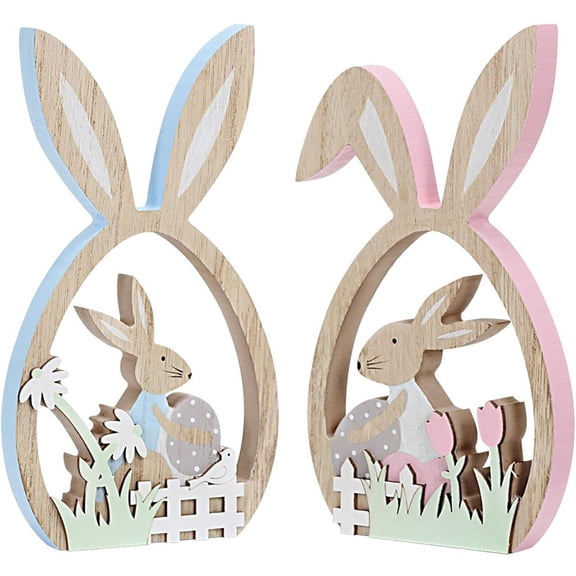 Easter Bunny Tabletop Decorations, Creative Wooden Easter Egg Bunny Ornaments With Cutout Design And Festive Motifs, For Easter Celebrations Home Interiors And Office Desktop