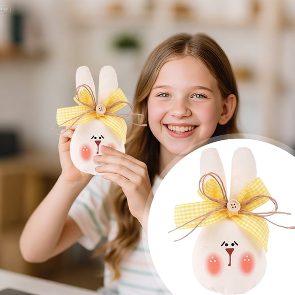 Easter Bunny Tabletop Ornament, Funny Chubby Rabbit Plushies with Bow, Easter Decorations Flocked Bow Bunny for Holiday Kids Gift & Tabletop Ornament 3.5"x4.7"