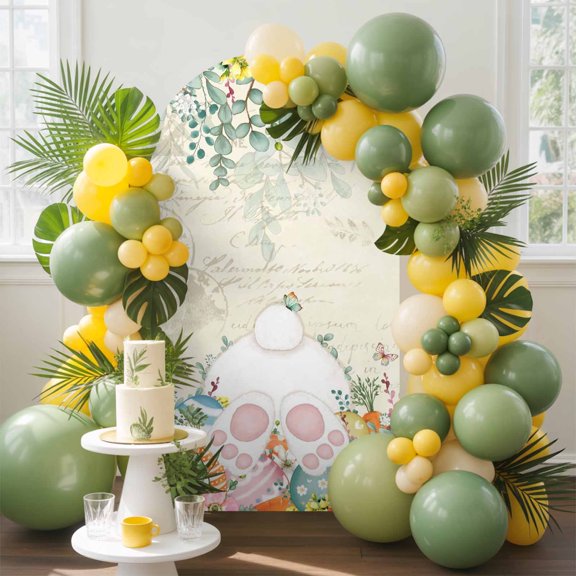 Easter Bunny Tail Arch Backdrop Cover, 5FT, Spring Colored Eggs Floral Leaf Beige Background Spandex Arch Covers Double-Sided Backdrop for Wedding Birthday Party Photo Background Decoration