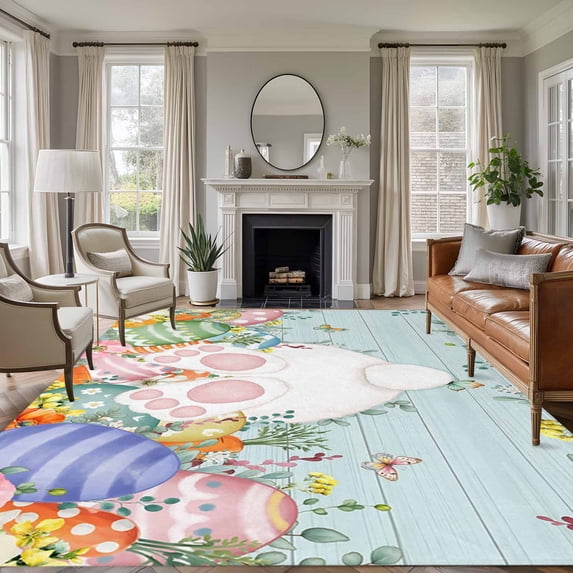 Easter Bunny Tail Area Rug 5x7 Washable Rug Non Slip Colorful Easter Eggs Teal Wooden Leaves Large Area Rug Soft Stainresistant Indoor Floor Carpet for Living Room Bedroom Home Office Dining Room