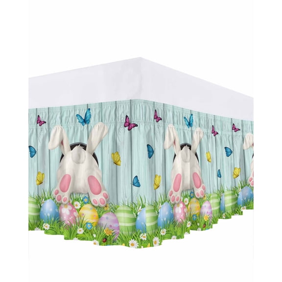 Easter Bunny Tail Bed Skirt King Size 16 Inch Drop, Spring Floral Easter Eggs Butterfly Green Wood Grain Adjustable Elastic Dust Ruffles Bedskirt for King Bed Wrap Around Pleated Mattress Frame Cover