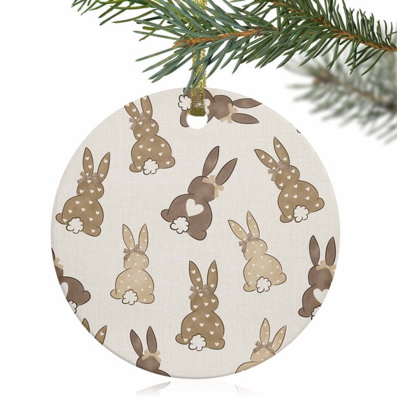 Easter Bunny Tail Cartoon Style Christmas Ceramic Ornament 2025,3" Round Xmas Tree Hanging Accessories with Gold Ribbon