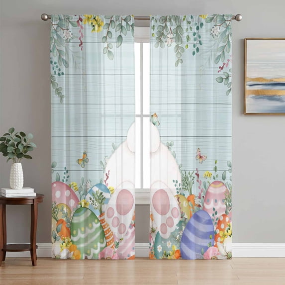 Easter Bunny Tail Sheer Curtains 108 Inch Length 2 Panels Set Window Treatments, Colorful Easter Eggs Teal Wooden Leaves Rod Pocket Semi Curtains for Living Room/Bedroom/Kitchen Décor, 104"W x 108"L