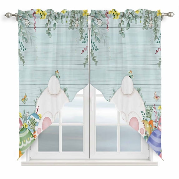 Easter Bunny Tail Swag Valances for Windows, Kitchen Window Curtains Over Sink, Colorful Easter Eggs Teal Wooden Leaves Window Treatment Curtains for Living Room/Bedroom Curtains 2 Panel Sets 36"x45"