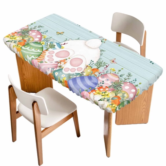 Easter Bunny Tail Table Cloths for 3 Foot Rectangle Tables, Colorful Easter Eggs Teal Wooden Leaves Patio Waterproof Elastic Fitted Tablecloths, Washable Rectangular Table Cover for Camping