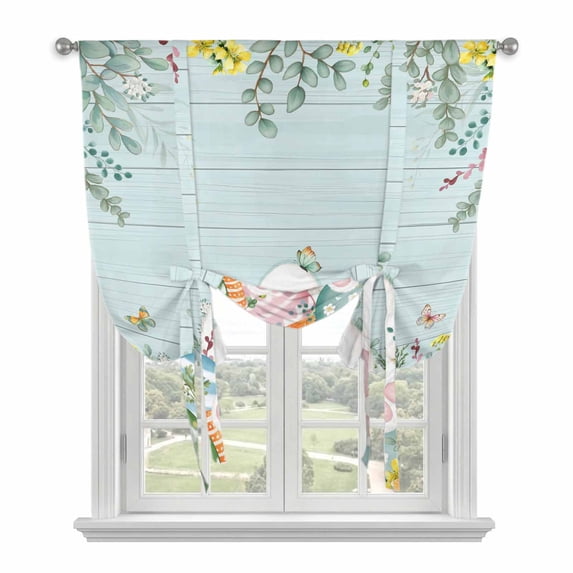 Easter Bunny Tail Tie Up Curtains for Windows, Balloon Window Shades, Colorful Easter Eggs Teal Wooden Leaves Kitchen Window Treatments Roll Up Curtain for Basement/Nursery 52"x45"