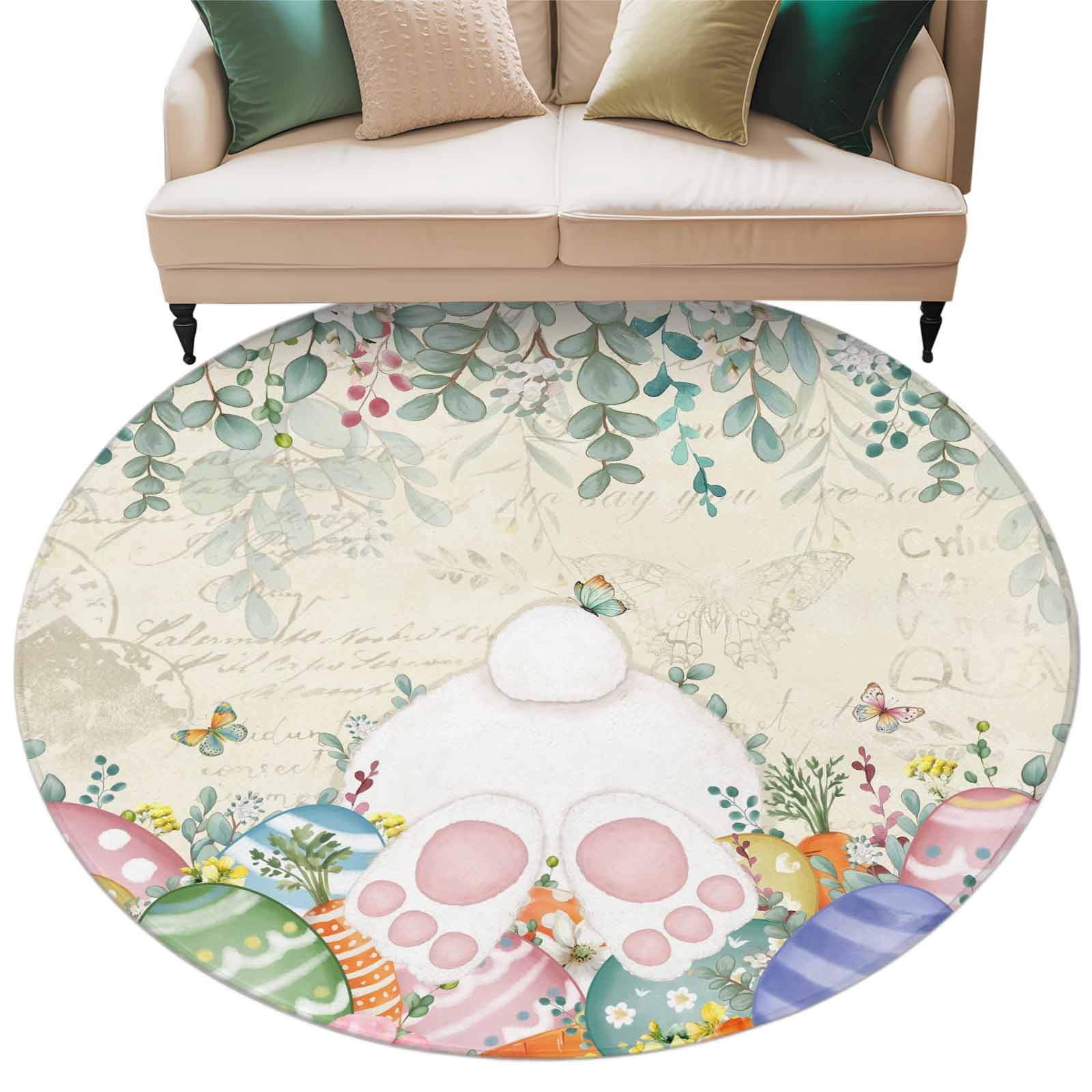 Cartoon Easter Rug Easter Bunny Tail Washable Round Area Rug 6 ft, Spring Colored Eggs ...