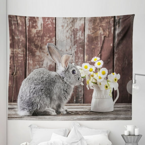 Easter Bunny Tapestry, Smoke Colored Little Rabbit with Daisies Rustic Wooden Background Photo, Fabric Wall Hanging Decor for Bedroom Living Room Dorm, 5 Sizes, Multicolor, by Ambesonne