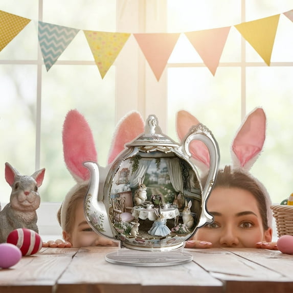 Easter Bunny Teapot Scene Acrylic Easter Desktop Decoration, Teapot Bunny Signs Desktop Ornaments Figurine Statue Easter, Gift for Shelves Table Party Spring Decor 2D Party Decoration Ornament A