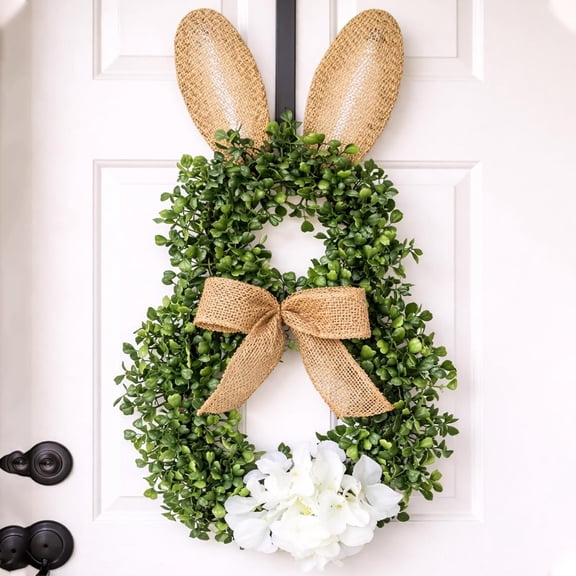 Easter Bunny-Themed Artificial Flower Wreath, 19 in Spring Floral Bunny Shaped Door Wreath Collocation Bow & Flower and Ears for Front Door, Porch Holiday Home Decoration