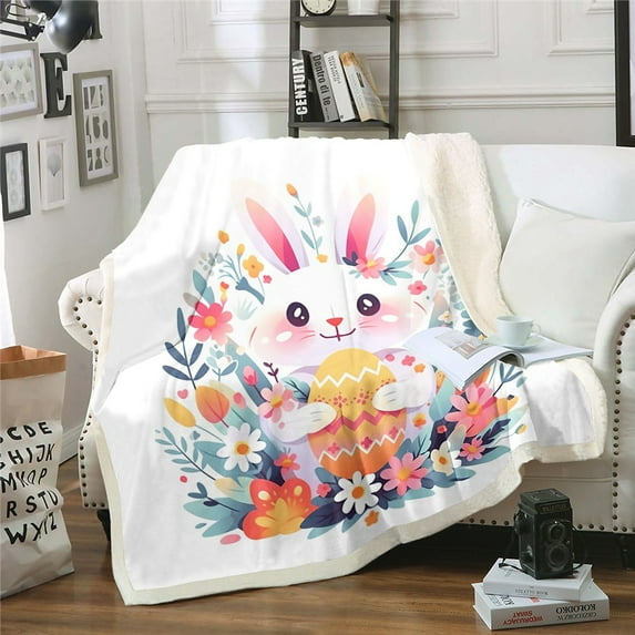 Easter Bunny Throw Blanket Easter Gifts Cartoon Easter Eggs Fleece Blanket Queen Easter Decorations Fuzzy Blanket, Cute Rabbit Colorful Floral Warm Fluffy Blanket