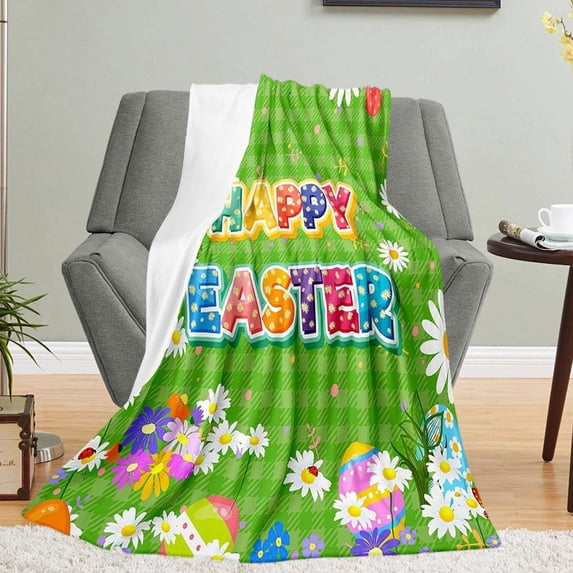 Easter Bunny Throw Blanket,Soft Flannel Cute Rabbit & Egg Print Throw Blanket,Lightweight Cozy Bed Sofa Couch Decor,Machine Washable Spring Easter Decorations for Home Bedroom Living Room