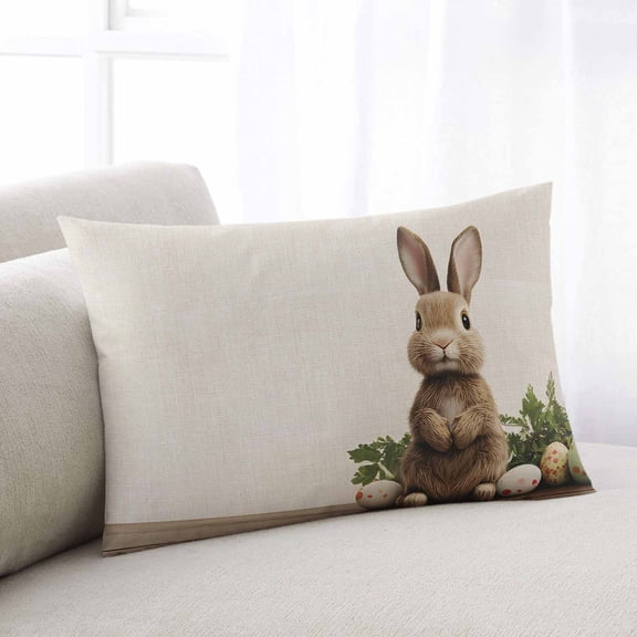 Easter Bunny Throw Pillow Cover, Pillowcase Protectors with Zipper, Breathable Decorative Lumbar Pillow Case Cover, Simple Retro Spring Rabbit Eggs Plants Pillow Shams for Couch Sofa 12x20Inch