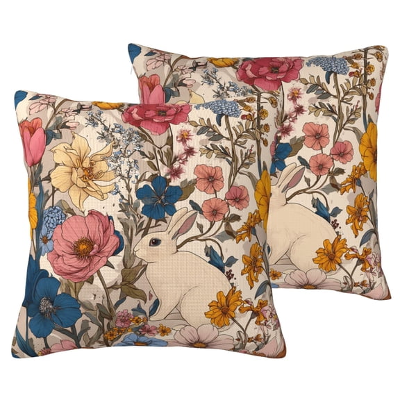 Easter Bunny Throw Pillow Covers 16x16 Set of 2, Vibrant Spring Floral Rabbit Decorative Cushion Cases for Couch Sofa, Double-Sided Faux Linen Boho Decor
