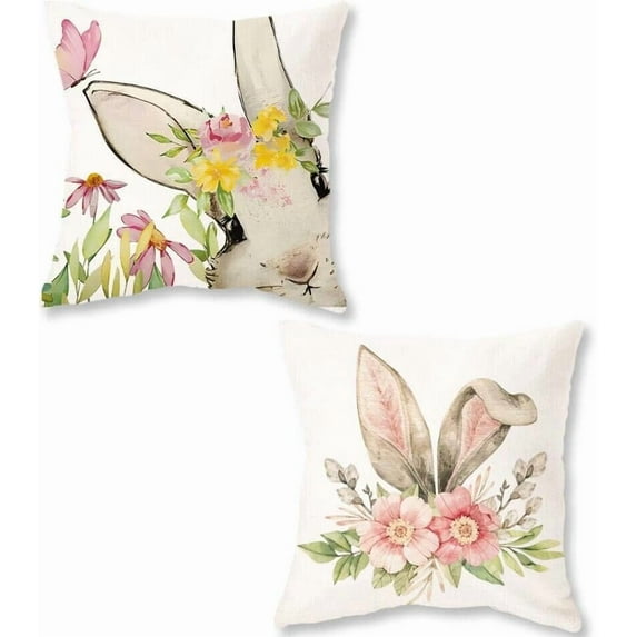 Easter Bunny Throw Pillow Covers 18 x 18 Inch Set of 2 Seasonal Spring Rabbit Decorative Pillowcases Holiday Cushion Cases for Sofa Couch Home Decorations