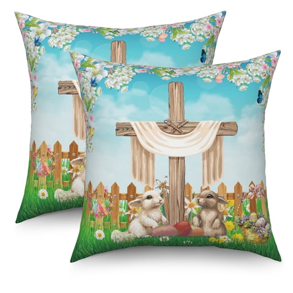 Easter Bunny Throw Pillow Covers 18x18 Set of 2,Spring Flowers Cross Decorative Pillow Cases for Bedroom Sofa Couch