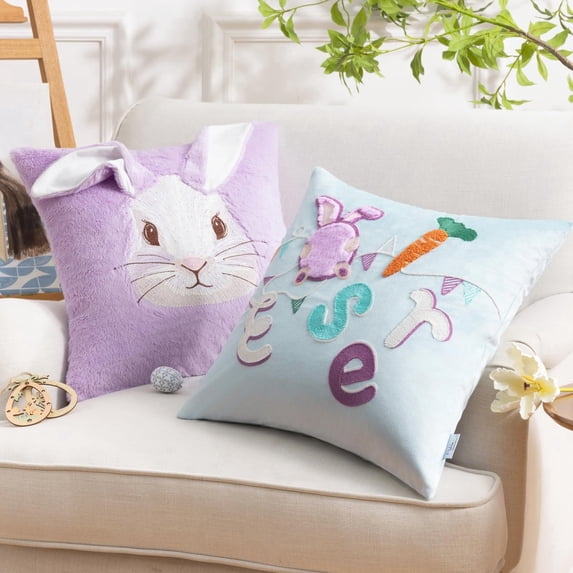 Easter Bunny Throw Pillow Covers Set of 2 Purple 18x18 Velvet 3D Rabbit ...