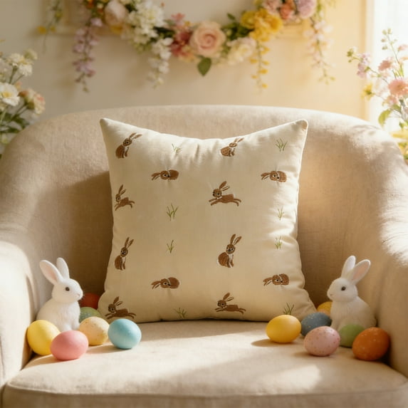 Easter Bunny Throw Pillow Covers, Spring Holiday Decorative Cushion, Embroidered Rabbit Sofa Pillow for Living Room Bed and Seasonal Home Decor