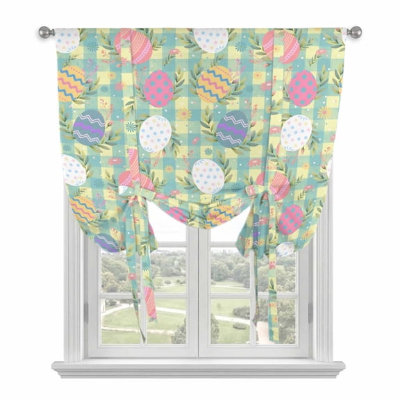 Easter Bunny Tie Up Curtains 45 Inches Long, Kitchen Window Curtains Over Sink, Colorful Eggs Spring Leaves Daisy Yellow Green Check Window Curtains Balloon Curtains Valances for Bedroom 34"x45"